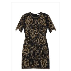 Black Tie Beaded Dress Size 10 Gold Flowers Vintage Cocktail Party